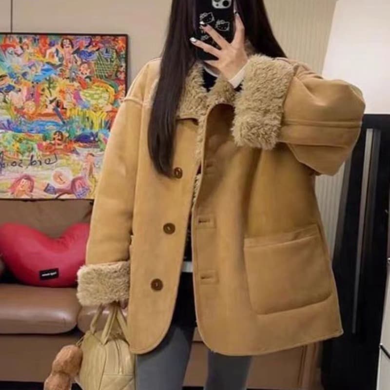 원본 품질 둘 착용 피모 하나 양털 오토바이 서비스 가을 겨울 루즈핏 두꺼운 스웨이드 모피 재킷 이미지 5