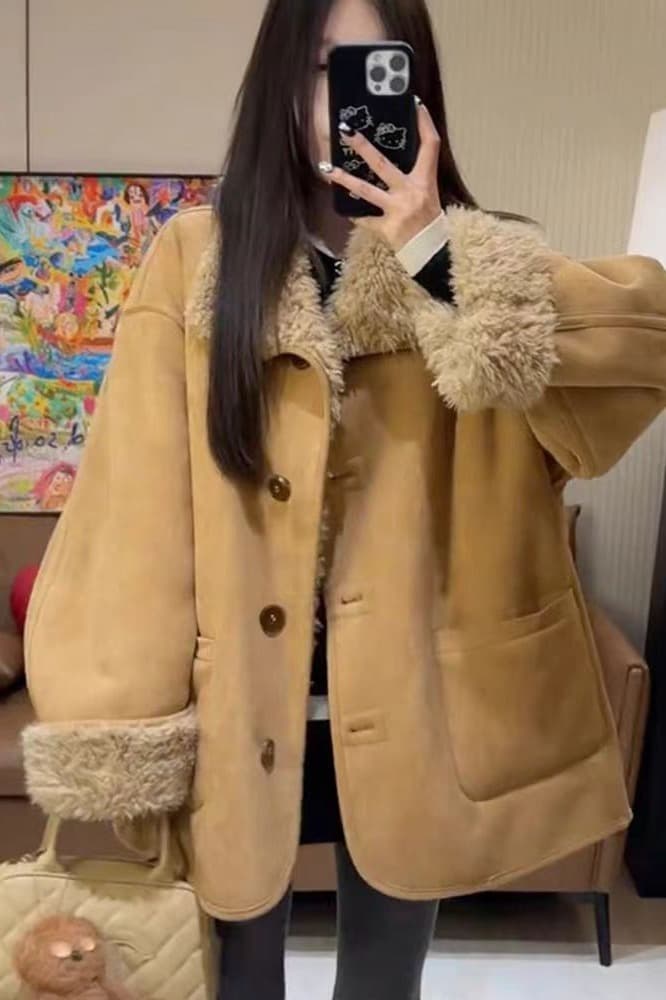 원본 품질 둘 착용 피모 하나 양털 오토바이 서비스 가을 겨울 루즈핏 두꺼운 스웨이드 모피 재킷 이미지 6