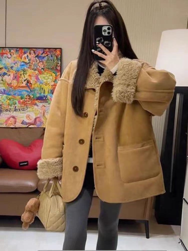 원본 품질 둘 착용 피모 하나 양털 오토바이 서비스 가을 겨울 루즈핏 두꺼운 스웨이드 모피 재킷 상세 이미지 5