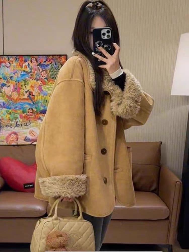 원본 품질 둘 착용 피모 하나 양털 오토바이 서비스 가을 겨울 루즈핏 두꺼운 스웨이드 모피 재킷 상세 이미지 6