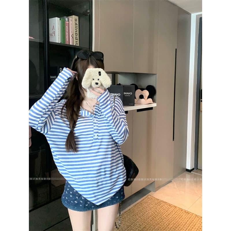 아침 칼라 원본 품질 한 부서 스트라이프 긴팔 티셔츠 여성 여름 자외선 차단 블라우스 작은 대중 다용도 루즈핏 맨위