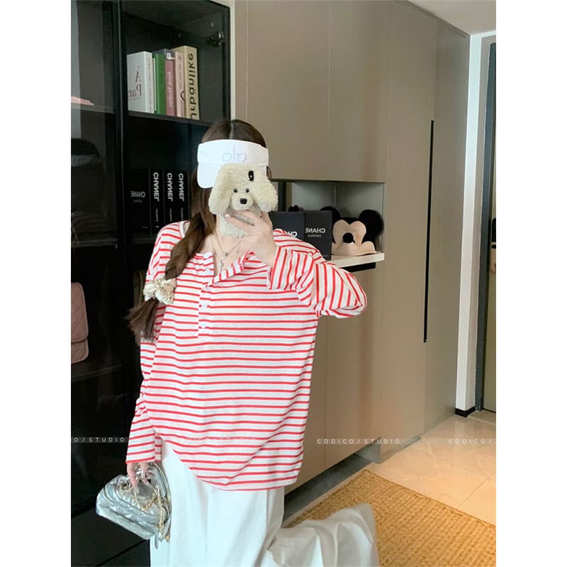 아침 칼라 원본 품질 한 부서 스트라이프 긴팔 티셔츠 여성 여름 자외선 차단 블라우스 작은 대중 다용도 루즈핏 맨위 이미지 5