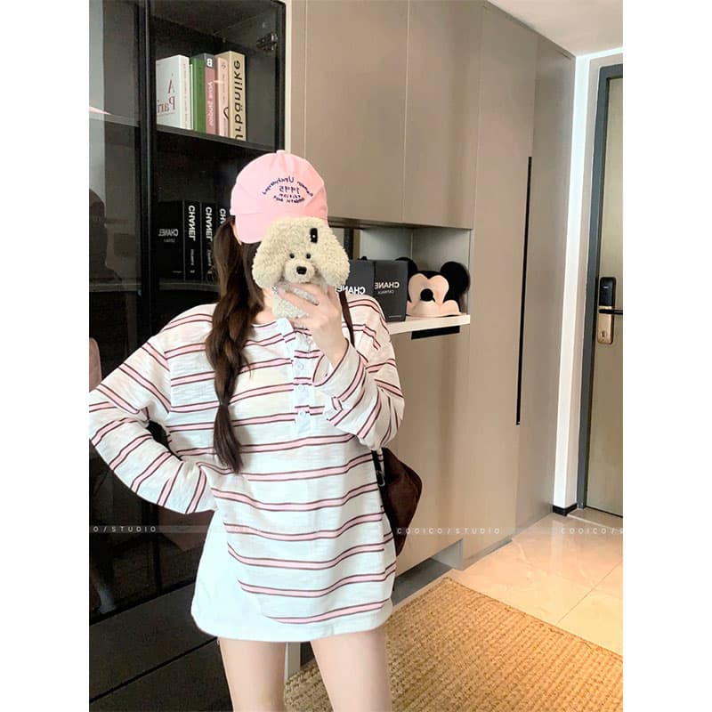 아침 칼라 원본 품질 한 부서 스트라이프 긴팔 티셔츠 여성 여름 자외선 차단 블라우스 작은 대중 다용도 루즈핏 맨위 이미지 2