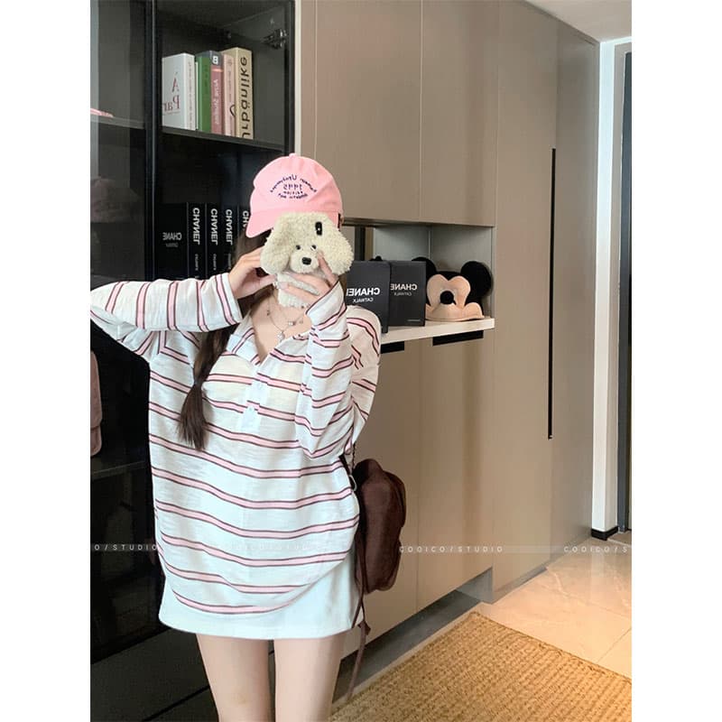 아침 칼라 원본 품질 한 부서 스트라이프 긴팔 티셔츠 여성 여름 자외선 차단 블라우스 작은 대중 다용도 루즈핏 맨위 이미지 4