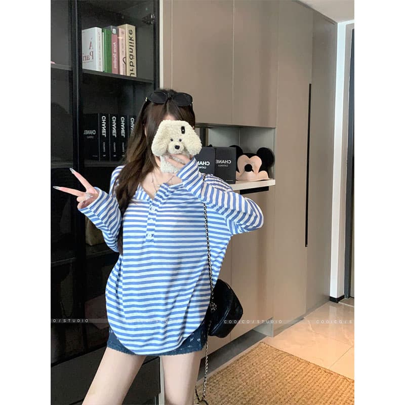 아침 칼라 원본 품질 한 부서 스트라이프 긴팔 티셔츠 여성 여름 자외선 차단 블라우스 작은 대중 다용도 루즈핏 맨위 이미지 3