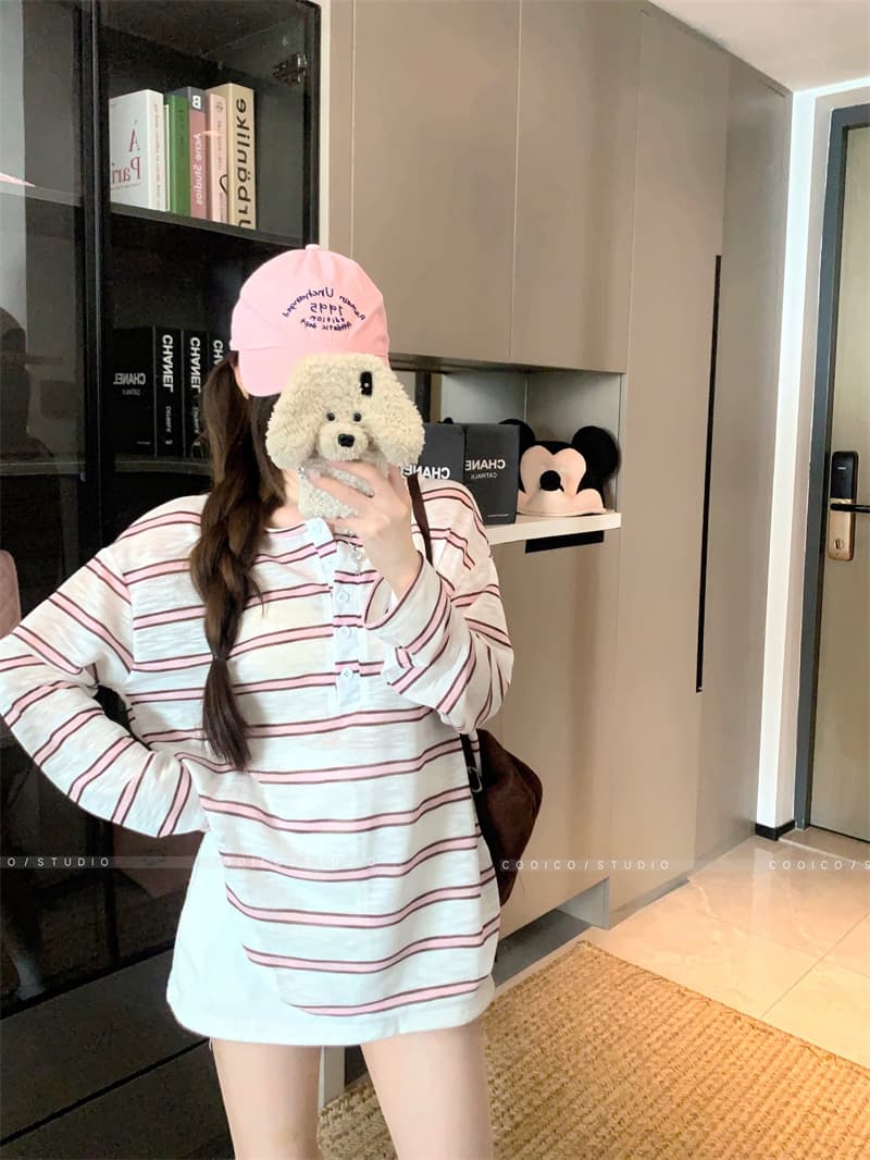 아침 칼라 원본 품질 한 부서 스트라이프 긴팔 티셔츠 여성 여름 자외선 차단 블라우스 작은 대중 다용도 루즈핏 맨위 상세 이미지 2