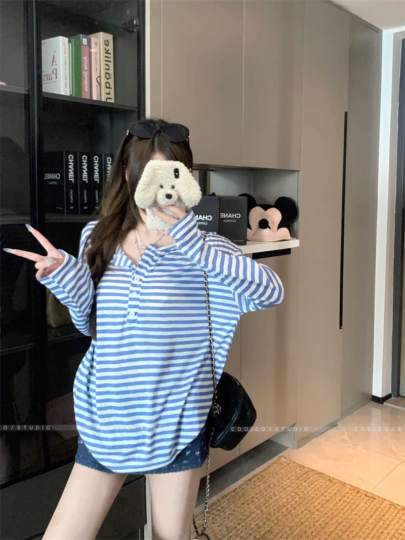아침 칼라 원본 품질 한 부서 스트라이프 긴팔 티셔츠 여성 여름 자외선 차단 블라우스 작은 대중 다용도 루즈핏 맨위 상세 이미지 3