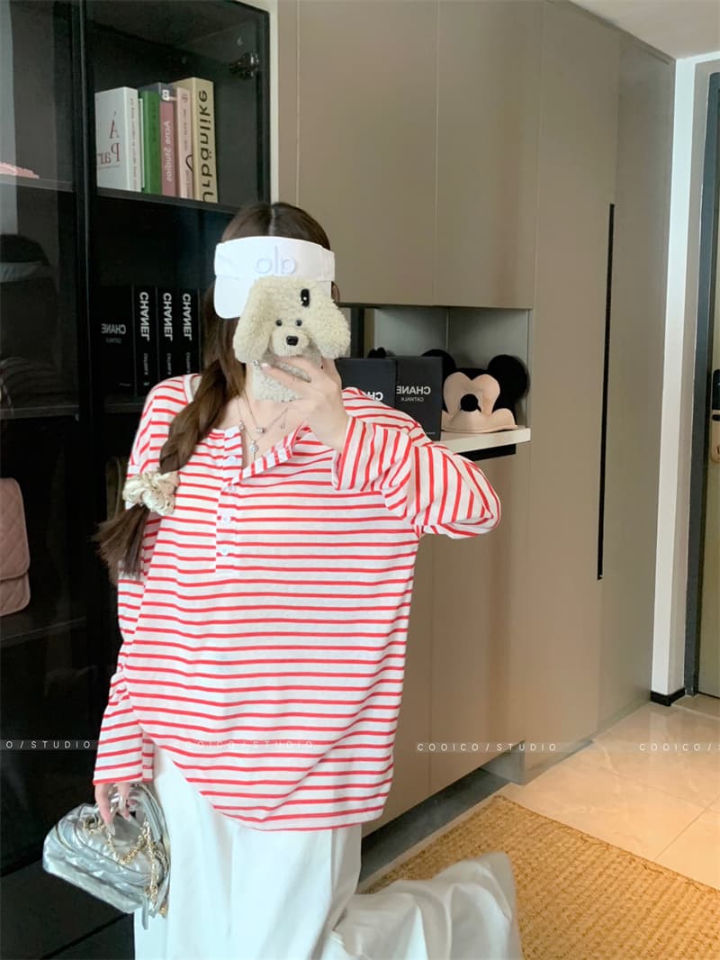 아침 칼라 원본 품질 한 부서 스트라이프 긴팔 티셔츠 여성 여름 자외선 차단 블라우스 작은 대중 다용도 루즈핏 맨위 상세 이미지 4