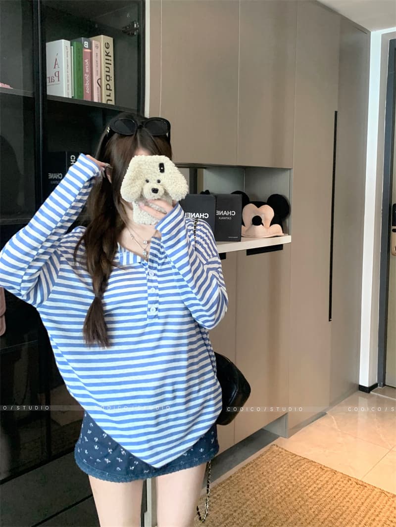 아침 칼라 원본 품질 한 부서 스트라이프 긴팔 티셔츠 여성 여름 자외선 차단 블라우스 작은 대중 다용도 루즈핏 맨위 상세 이미지 5