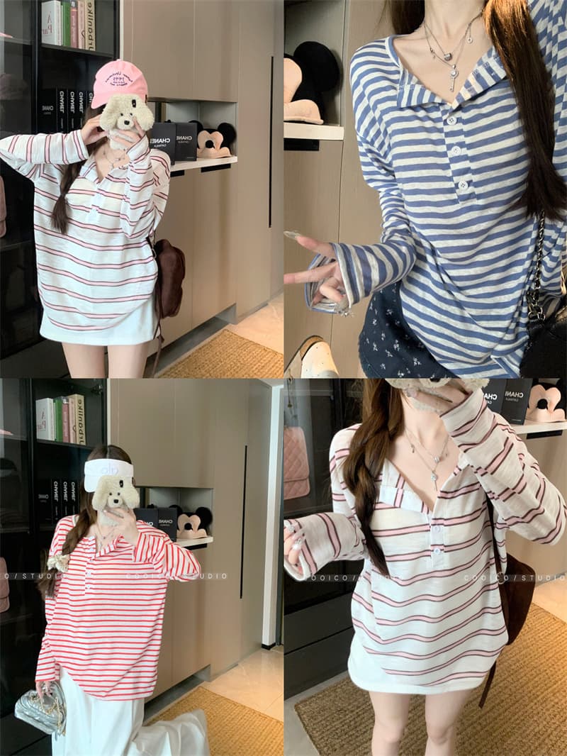 아침 칼라 원본 품질 한 부서 스트라이프 긴팔 티셔츠 여성 여름 자외선 차단 블라우스 작은 대중 다용도 루즈핏 맨위 상세 이미지 6