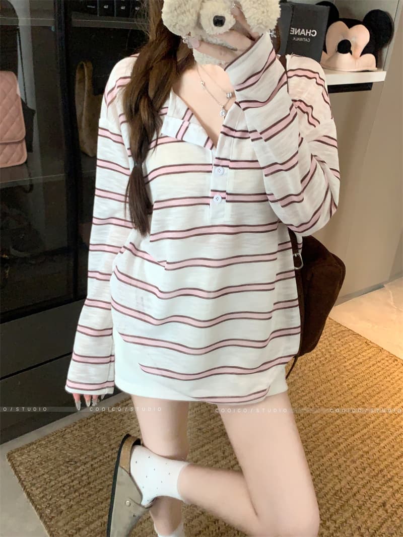 아침 칼라 원본 품질 한 부서 스트라이프 긴팔 티셔츠 여성 여름 자외선 차단 블라우스 작은 대중 다용도 루즈핏 맨위 상세 이미지 7