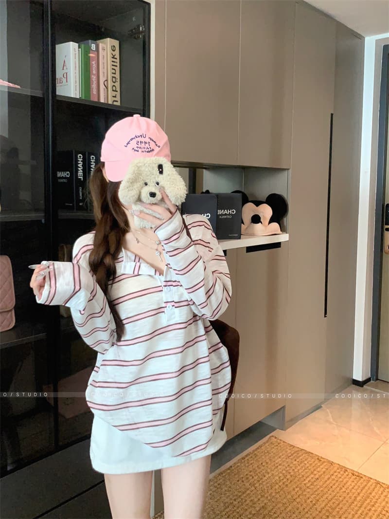 아침 칼라 원본 품질 한 부서 스트라이프 긴팔 티셔츠 여성 여름 자외선 차단 블라우스 작은 대중 다용도 루즈핏 맨위 상세 이미지 8
