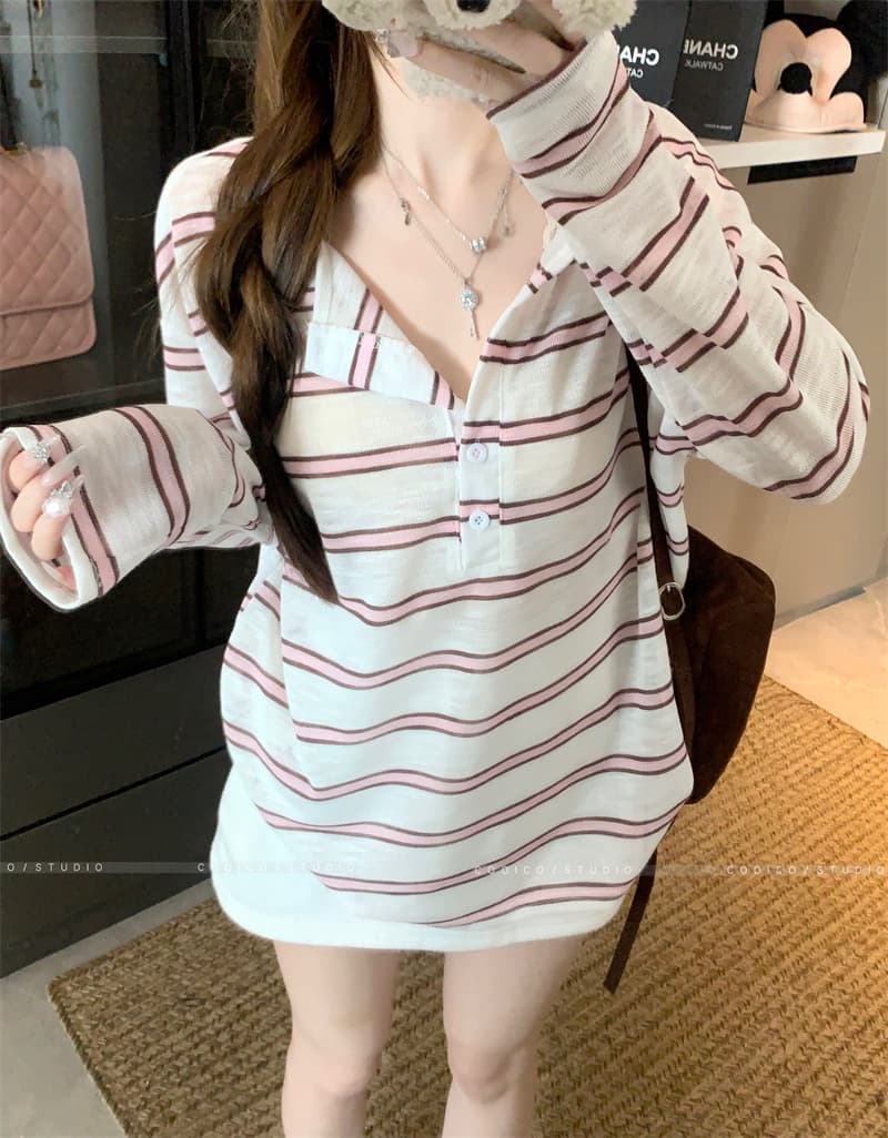 아침 칼라 원본 품질 한 부서 스트라이프 긴팔 티셔츠 여성 여름 자외선 차단 블라우스 작은 대중 다용도 루즈핏 맨위 상세 이미지 9