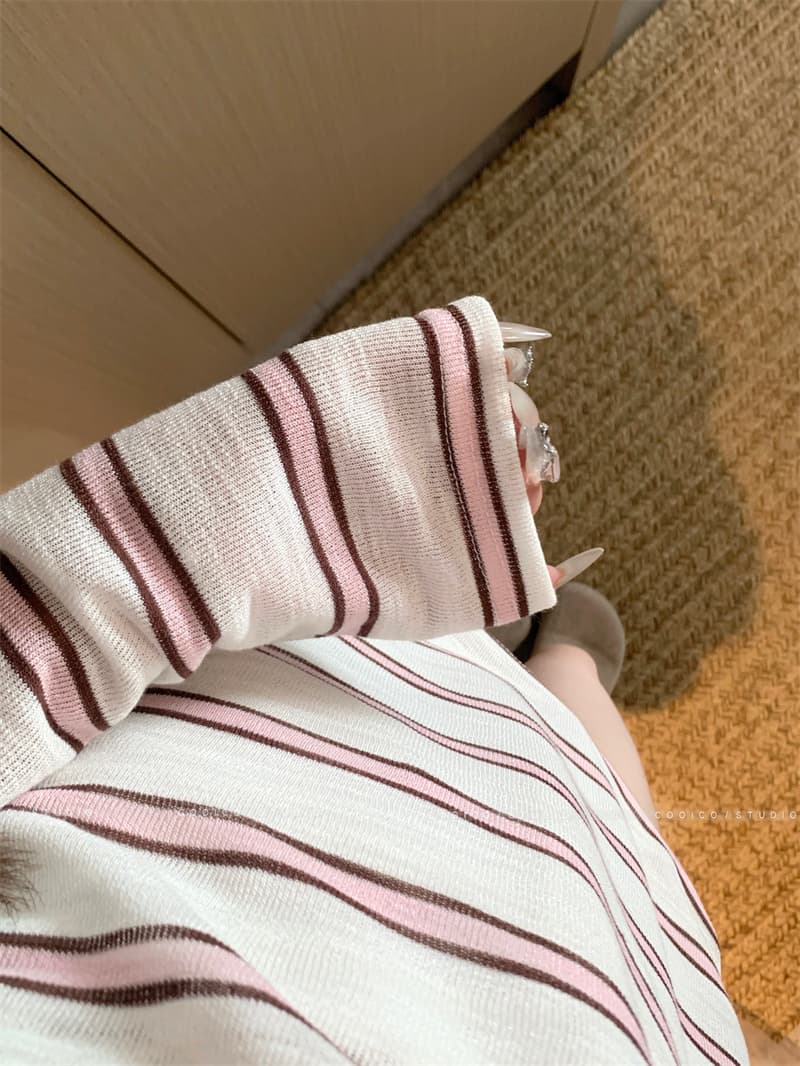 아침 칼라 원본 품질 한 부서 스트라이프 긴팔 티셔츠 여성 여름 자외선 차단 블라우스 작은 대중 다용도 루즈핏 맨위 상세 이미지 10