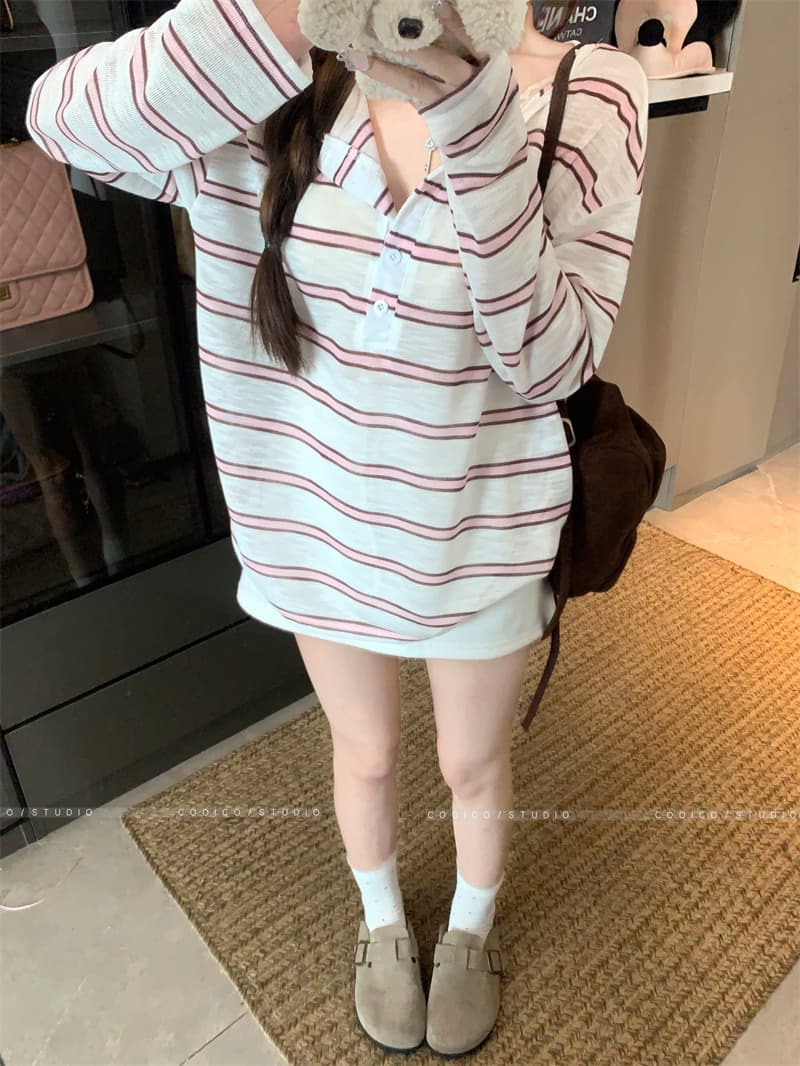 아침 칼라 원본 품질 한 부서 스트라이프 긴팔 티셔츠 여성 여름 자외선 차단 블라우스 작은 대중 다용도 루즈핏 맨위 상세 이미지 11