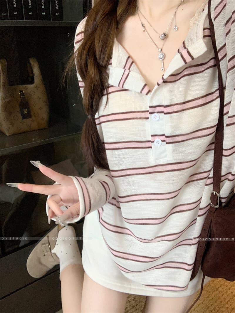 아침 칼라 원본 품질 한 부서 스트라이프 긴팔 티셔츠 여성 여름 자외선 차단 블라우스 작은 대중 다용도 루즈핏 맨위 상세 이미지 12