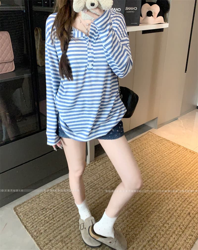 아침 칼라 원본 품질 한 부서 스트라이프 긴팔 티셔츠 여성 여름 자외선 차단 블라우스 작은 대중 다용도 루즈핏 맨위 상세 이미지 13