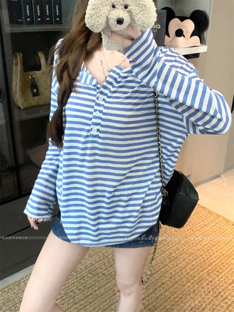 아침 칼라 원본 품질 한 부서 스트라이프 긴팔 티셔츠 여성 여름 자외선 차단 블라우스 작은 대중 다용도 루즈핏 맨위 상세 이미지 14