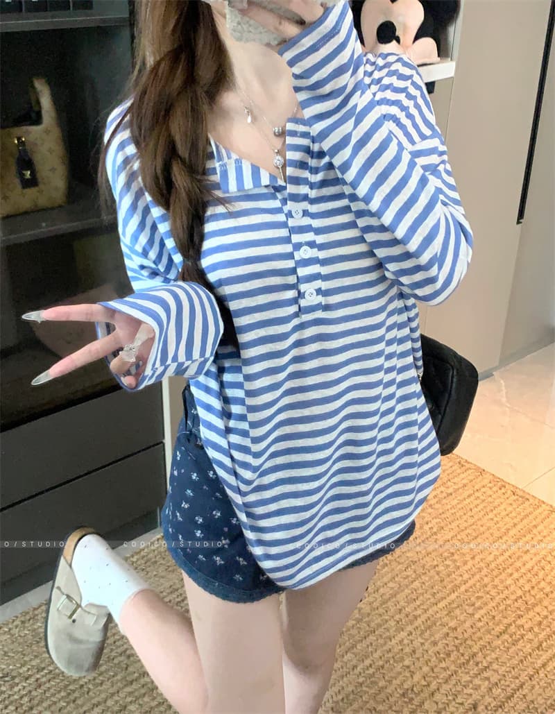 아침 칼라 원본 품질 한 부서 스트라이프 긴팔 티셔츠 여성 여름 자외선 차단 블라우스 작은 대중 다용도 루즈핏 맨위 상세 이미지 15