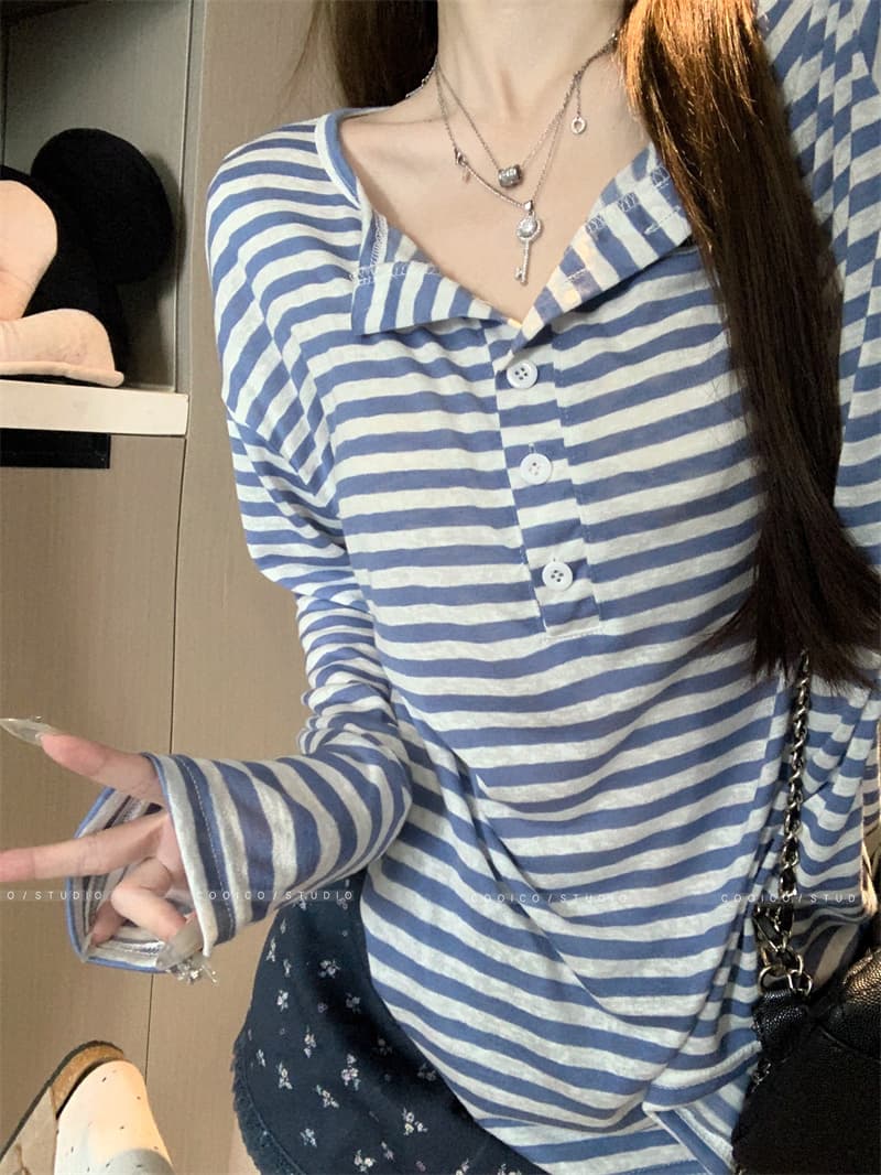 아침 칼라 원본 품질 한 부서 스트라이프 긴팔 티셔츠 여성 여름 자외선 차단 블라우스 작은 대중 다용도 루즈핏 맨위 상세 이미지 16