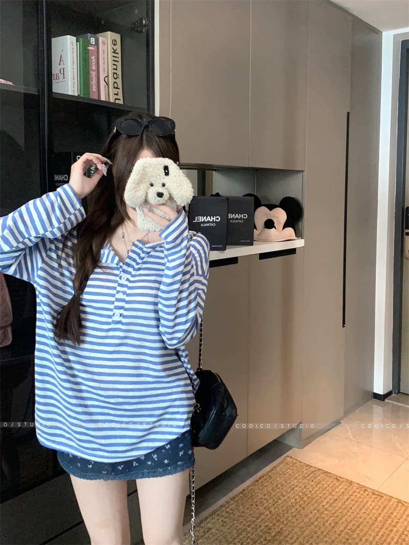 아침 칼라 원본 품질 한 부서 스트라이프 긴팔 티셔츠 여성 여름 자외선 차단 블라우스 작은 대중 다용도 루즈핏 맨위 상세 이미지 17
