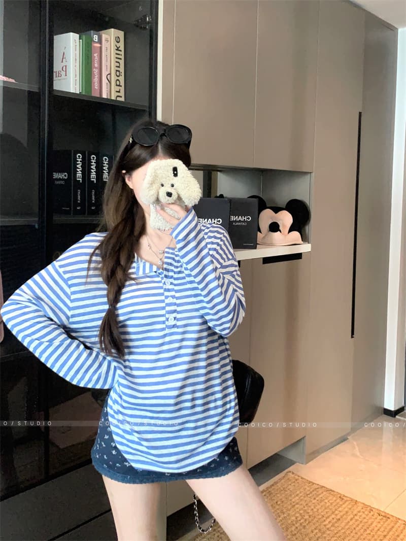 아침 칼라 원본 품질 한 부서 스트라이프 긴팔 티셔츠 여성 여름 자외선 차단 블라우스 작은 대중 다용도 루즈핏 맨위 상세 이미지 18