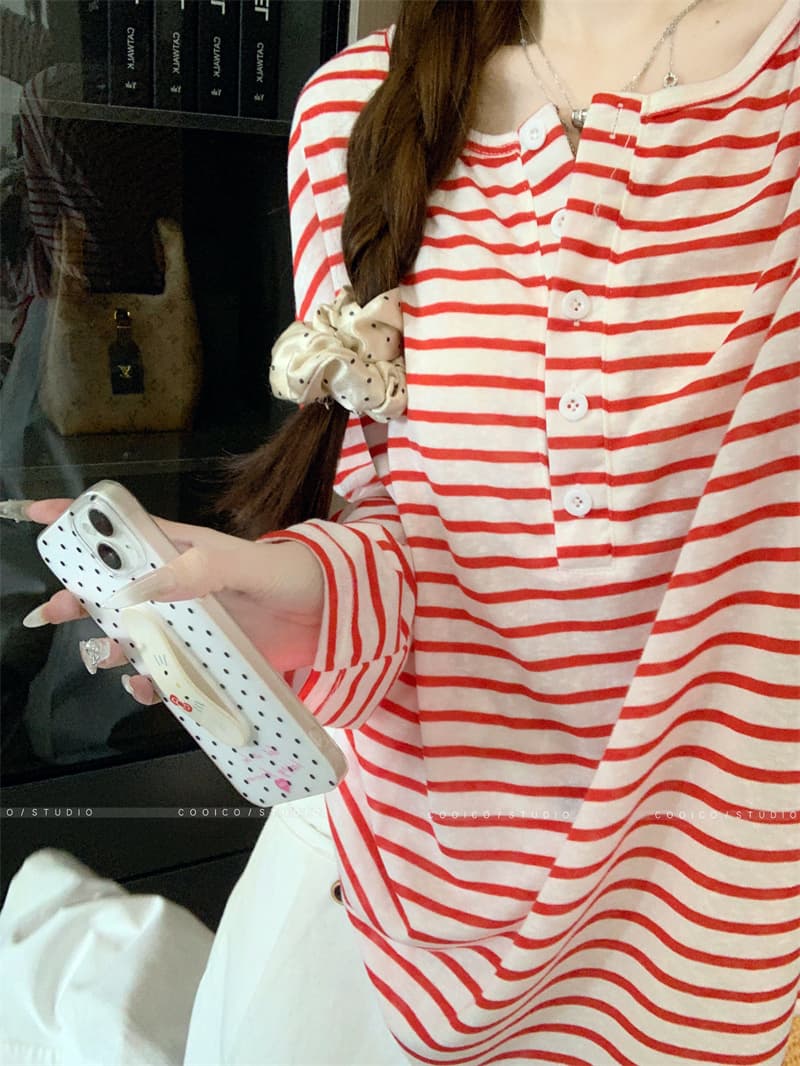 아침 칼라 원본 품질 한 부서 스트라이프 긴팔 티셔츠 여성 여름 자외선 차단 블라우스 작은 대중 다용도 루즈핏 맨위 상세 이미지 19