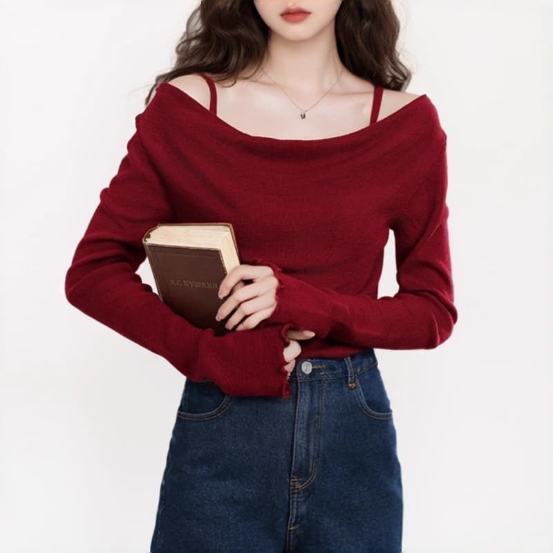 신년 빨간색 착용 가져 가라. 페이크 레이어드 흔들다 칼라 긴팔 여성 2026 겨울 오프숄더 인사이드 가져 가라. 기본 셔츠 맨위 티셔츠 상세 이미지 4