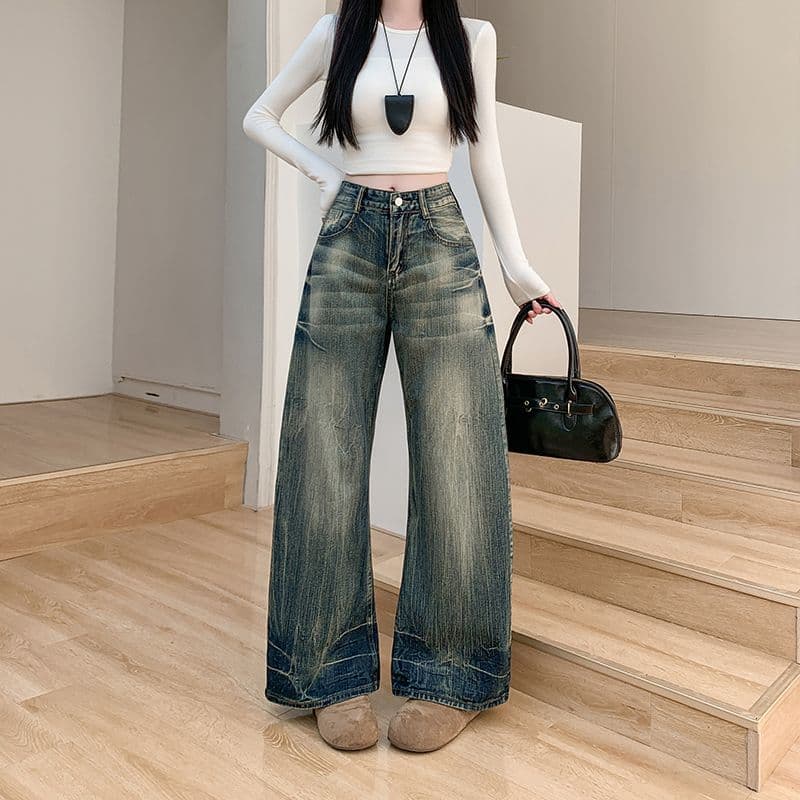 레트로 워싱 마 오래된 더러운 염색 모통이 칼 청바지 여성 높음 거리 루즈핏 슬림해 보이는 가을 센스 캐주얼 바지 cleanfit 상세 이미지 8