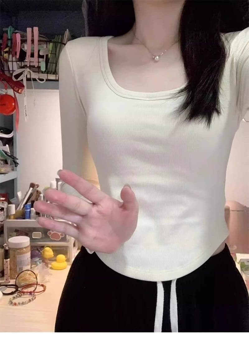 De 플러시 가을 겨울 u 칼라 긍정적 인 어깨 티셔츠 여성 짧은 맨위 여성 달콤한 매운맛 인사이드 가져 가라. 보온 몸매 가꾸기 슬림해 보이는 긴팔 기본 셔츠