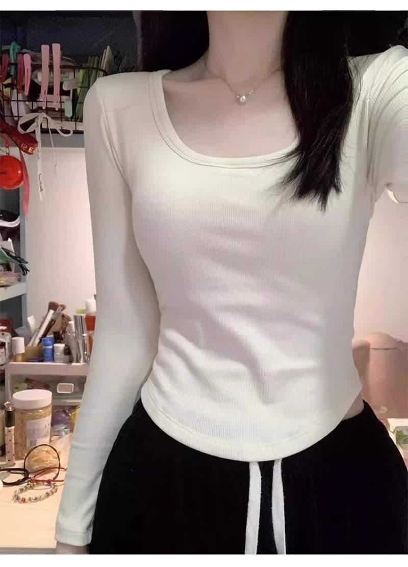 De 플러시 가을 겨울 u 칼라 긍정적 인 어깨 티셔츠 여성 짧은 맨위 여성 달콤한 매운맛 인사이드 가져 가라. 보온 몸매 가꾸기 슬림해 보이는 긴팔 기본 셔츠 상세 이미지 3