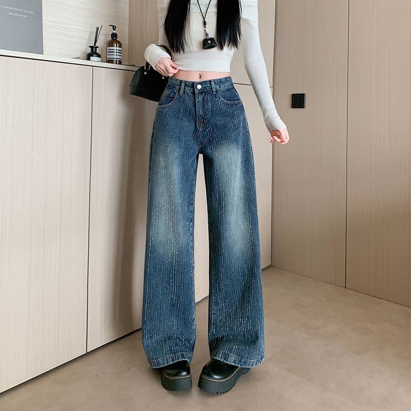 2026 봄 유성우 무거운 작업 핫픽스 넓은 다리 청바지 여성 봄 새로운 하이웨이스트 슬림해 보이는 데님 긴 바지