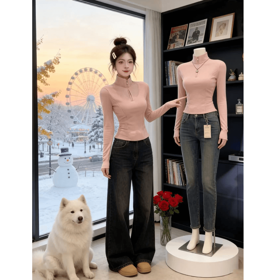 패션 디자인 센스 半拉 체인 길이 소매 티셔츠 여성 외출용 가을 겨울 새로운 허리 수축 슬림해 보이는 긍정적 인 어깨 기본 셔츠 맨위