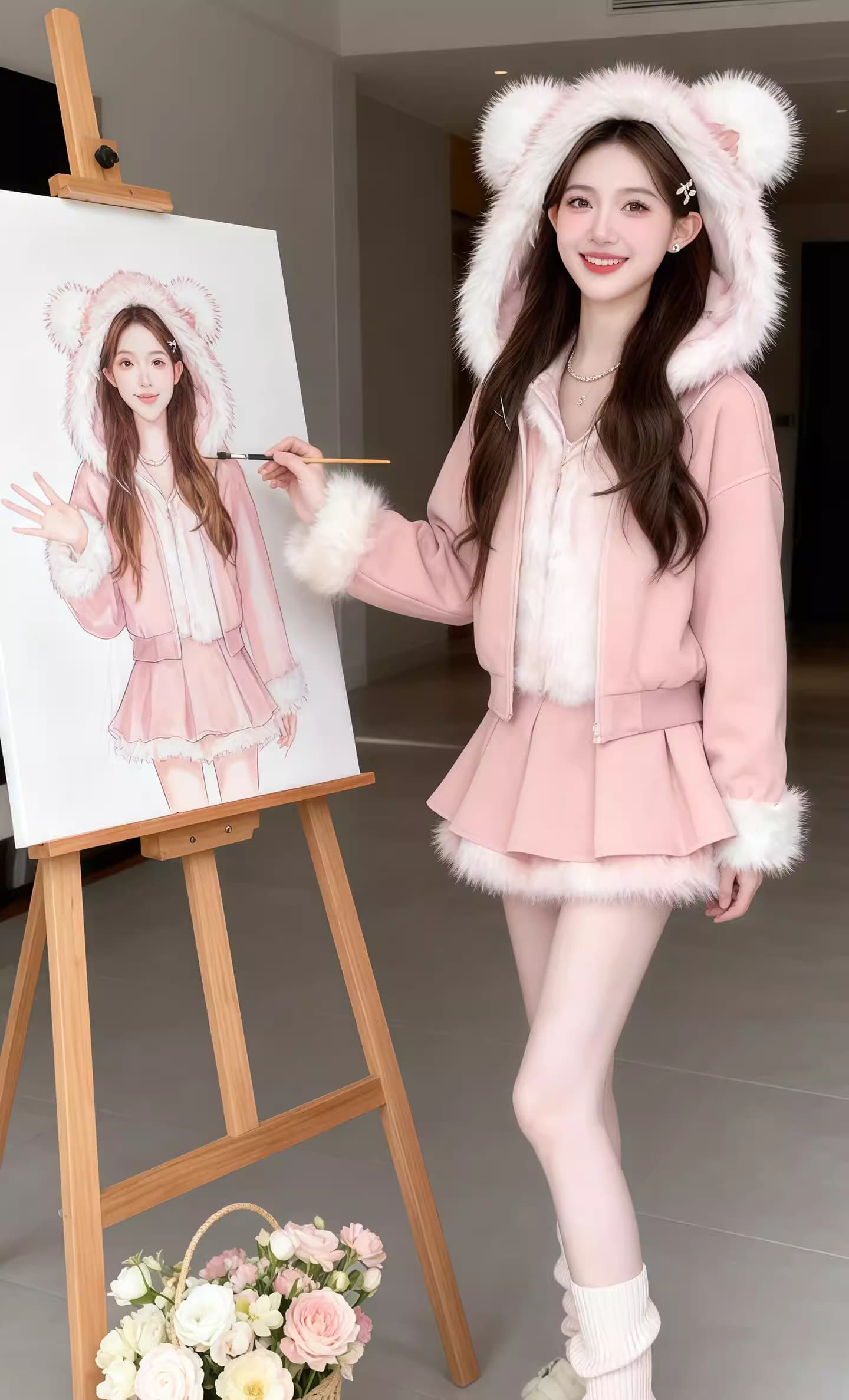 달콤함 귀여운 소녀 고급 후드 재킷 가을 겨울 새로운 반신 스커트 플리츠 치마 세트 연령 감소 품격 디자인 상세 이미지 6