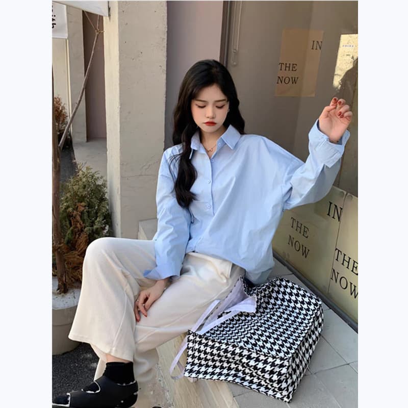 한국 스타일 파란색 긴팔 여성 셔츠 미니멀리즘 단색 가을 외부 가져 가라. POLO 칼라 맨위 루즈핏 캐주얼 다용도 셔츠 이미지 2