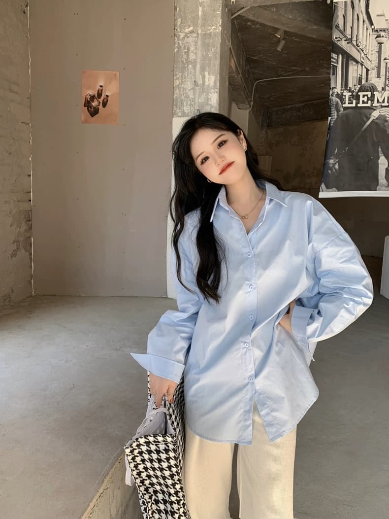 한국 스타일 파란색 긴팔 여성 셔츠 미니멀리즘 단색 가을 외부 가져 가라. POLO 칼라 맨위 루즈핏 캐주얼 다용도 셔츠 상세 이미지 4