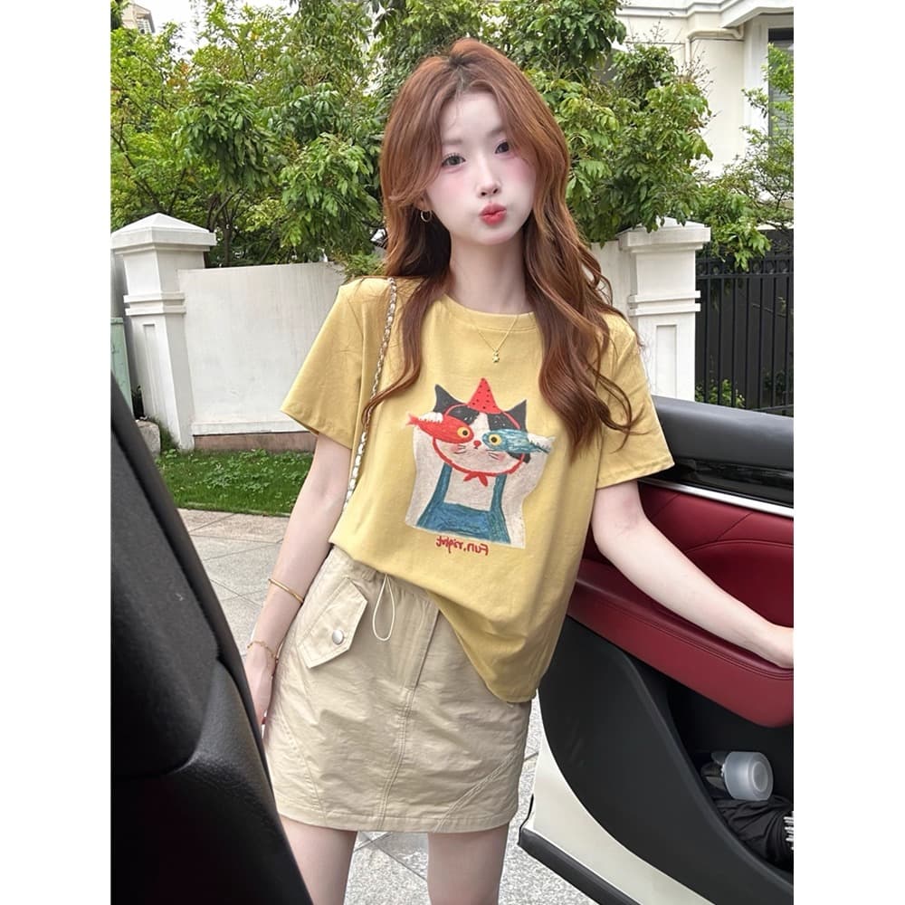 순면 40 순면 220 그램 92 면 8 암모니아 Lun 긍정적 인 어깨 반팔 티셔츠 여성 프린트 상세 이미지 4