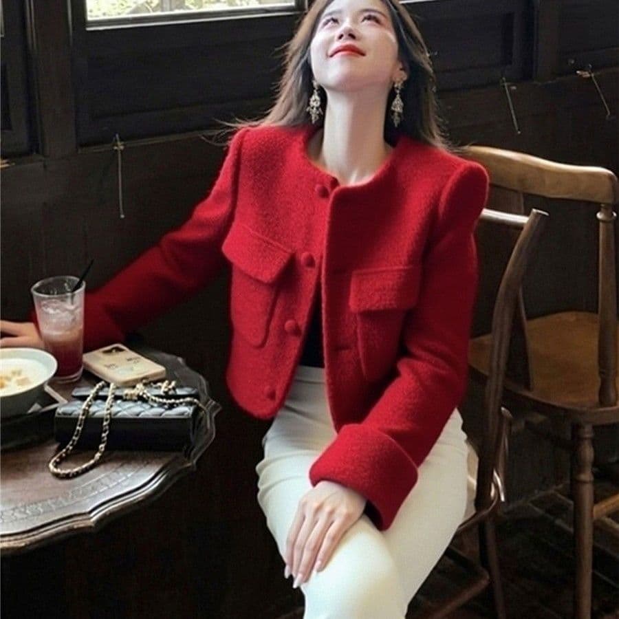 이른 봄 신년 새해 착용 가져 가라. 빛 럭셔리 연령 감소 외국 가스 부유 한 가족 천 골드 위엄있는 작은 빨간색 작은 샤넬 스타일 여성 코트 이미지 4