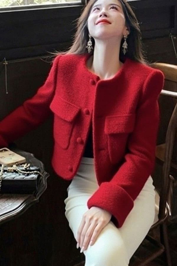 이른 봄 신년 새해 착용 가져 가라. 빛 럭셔리 연령 감소 외국 가스 부유 한 가족 천 골드 위엄있는 작은 빨간색 작은 샤넬 스타일 여성 코트 이미지 6