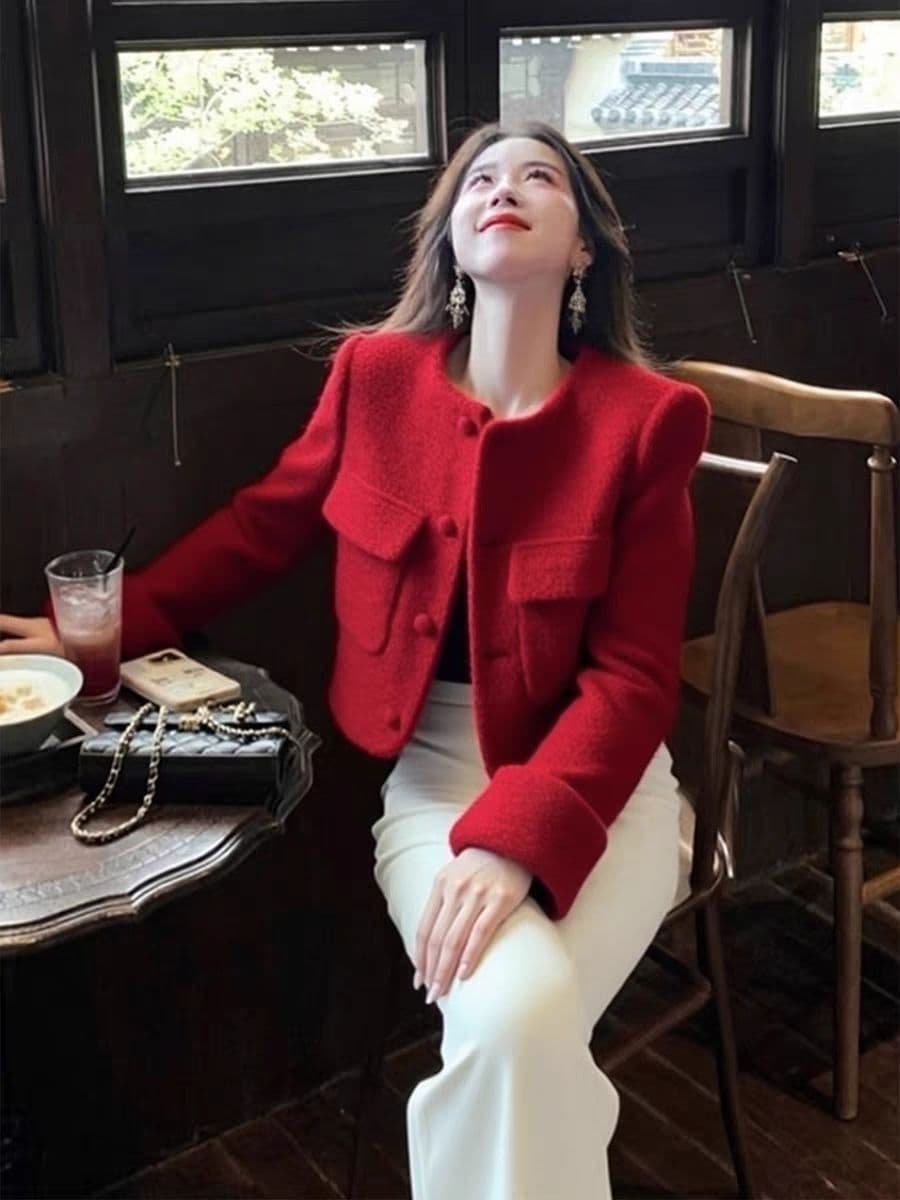 이른 봄 신년 새해 착용 가져 가라. 빛 럭셔리 연령 감소 외국 가스 부유 한 가족 천 골드 위엄있는 작은 빨간색 작은 샤넬 스타일 여성 코트 상세 이미지 4