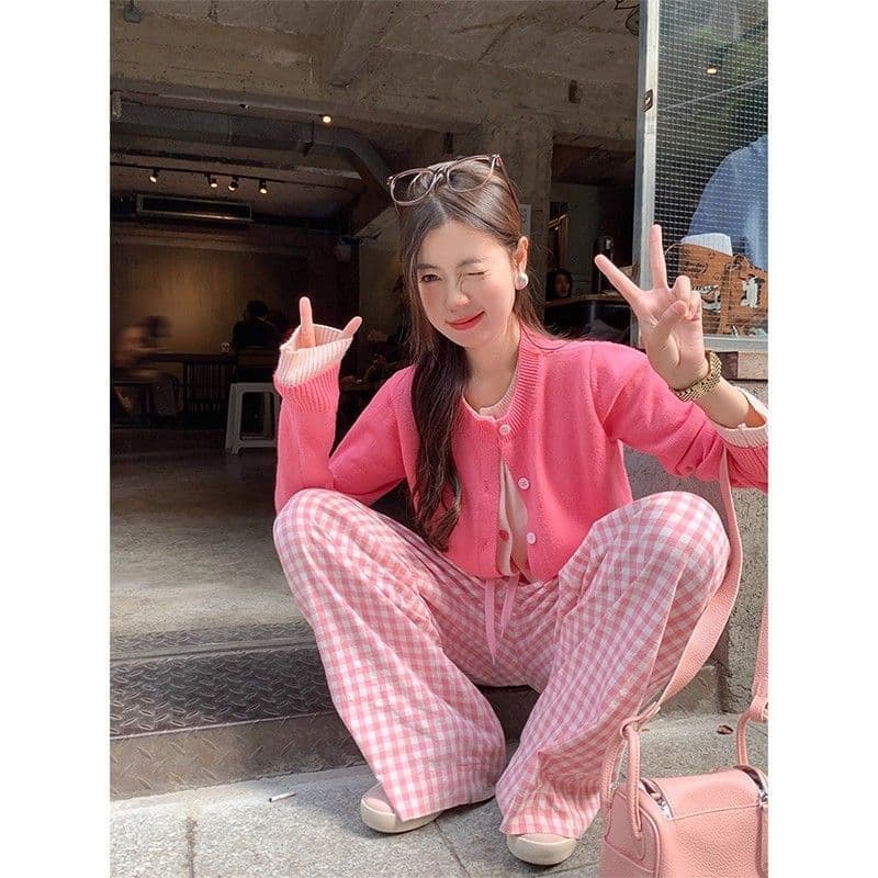 핑크색 페이크 레이어드 긴팔 니트 오픈 가디건 여성 코트 봄 가을 외부 가져 가라. 작은 키 부드러운 찹쌀 배색 맨위 상세 이미지 5