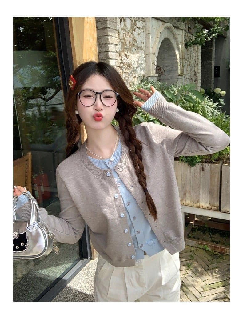 핑크색 페이크 레이어드 긴팔 니트 오픈 가디건 여성 코트 봄 가을 외부 가져 가라. 작은 키 부드러운 찹쌀 배색 맨위 상세 이미지 7