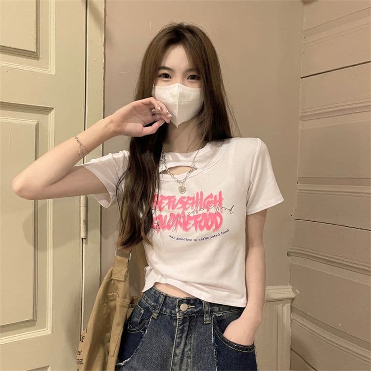 순면 당겨 프레임 섹시함 홀로우 아웃 티셔츠 인사이드 가져 가라. 반팔 여름 몸매 가꾸기 작은 대중 프린트 이미지 2