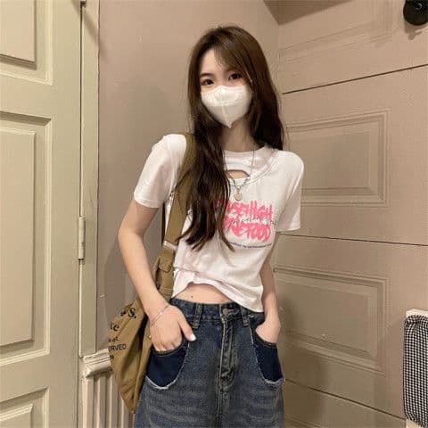 순면 당겨 프레임 섹시함 홀로우 아웃 티셔츠 인사이드 가져 가라. 반팔 여름 몸매 가꾸기 작은 대중 프린트 상세 이미지 2