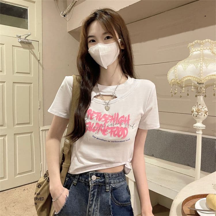순면 당겨 프레임 섹시함 홀로우 아웃 티셔츠 인사이드 가져 가라. 반팔 여름 몸매 가꾸기 작은 대중 프린트 상세 이미지 6