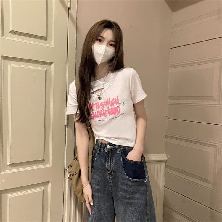 순면 당겨 프레임 섹시함 홀로우 아웃 티셔츠 인사이드 가져 가라. 반팔 여름 몸매 가꾸기 작은 대중 프린트 상세 이미지 7