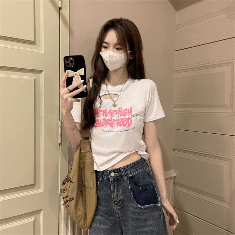 순면 당겨 프레임 섹시함 홀로우 아웃 티셔츠 인사이드 가져 가라. 반팔 여름 몸매 가꾸기 작은 대중 프린트 상세 이미지 9