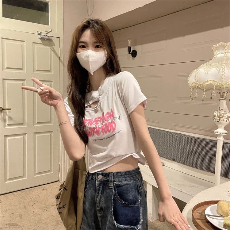 순면 당겨 프레임 섹시함 홀로우 아웃 티셔츠 인사이드 가져 가라. 반팔 여름 몸매 가꾸기 작은 대중 프린트 상세 이미지 10