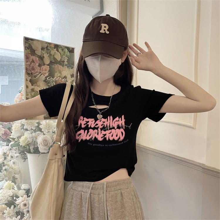 순면 당겨 프레임 섹시함 홀로우 아웃 티셔츠 인사이드 가져 가라. 반팔 여름 몸매 가꾸기 작은 대중 프린트 상세 이미지 18