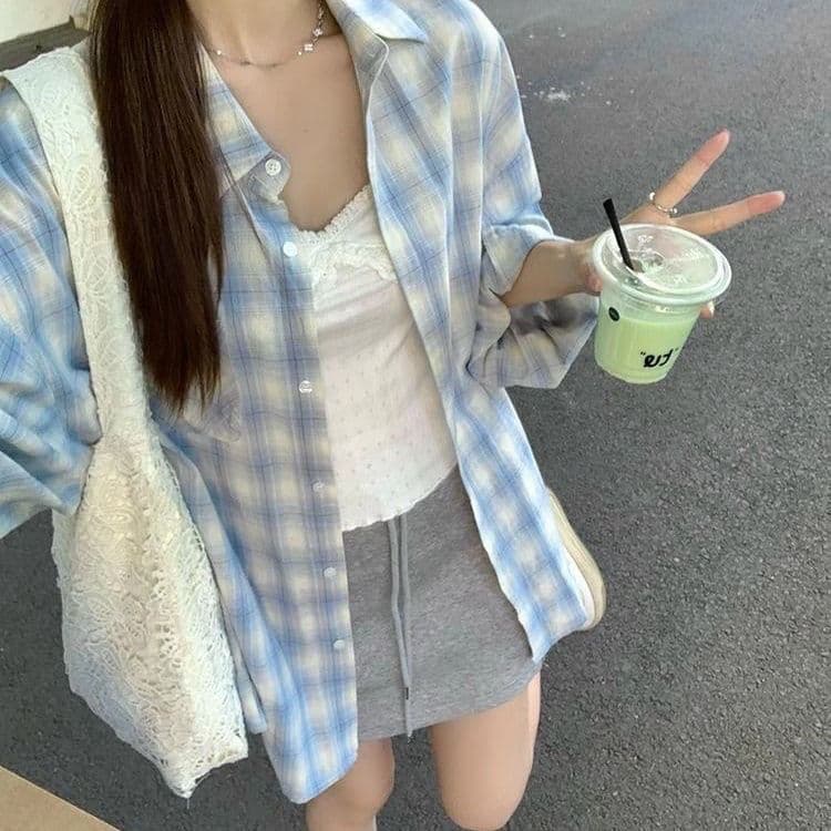 셔츠 새로운 체크무늬 자외선 차단 후드 재킷 이른 가을 긴팔 맨위 이미지 3